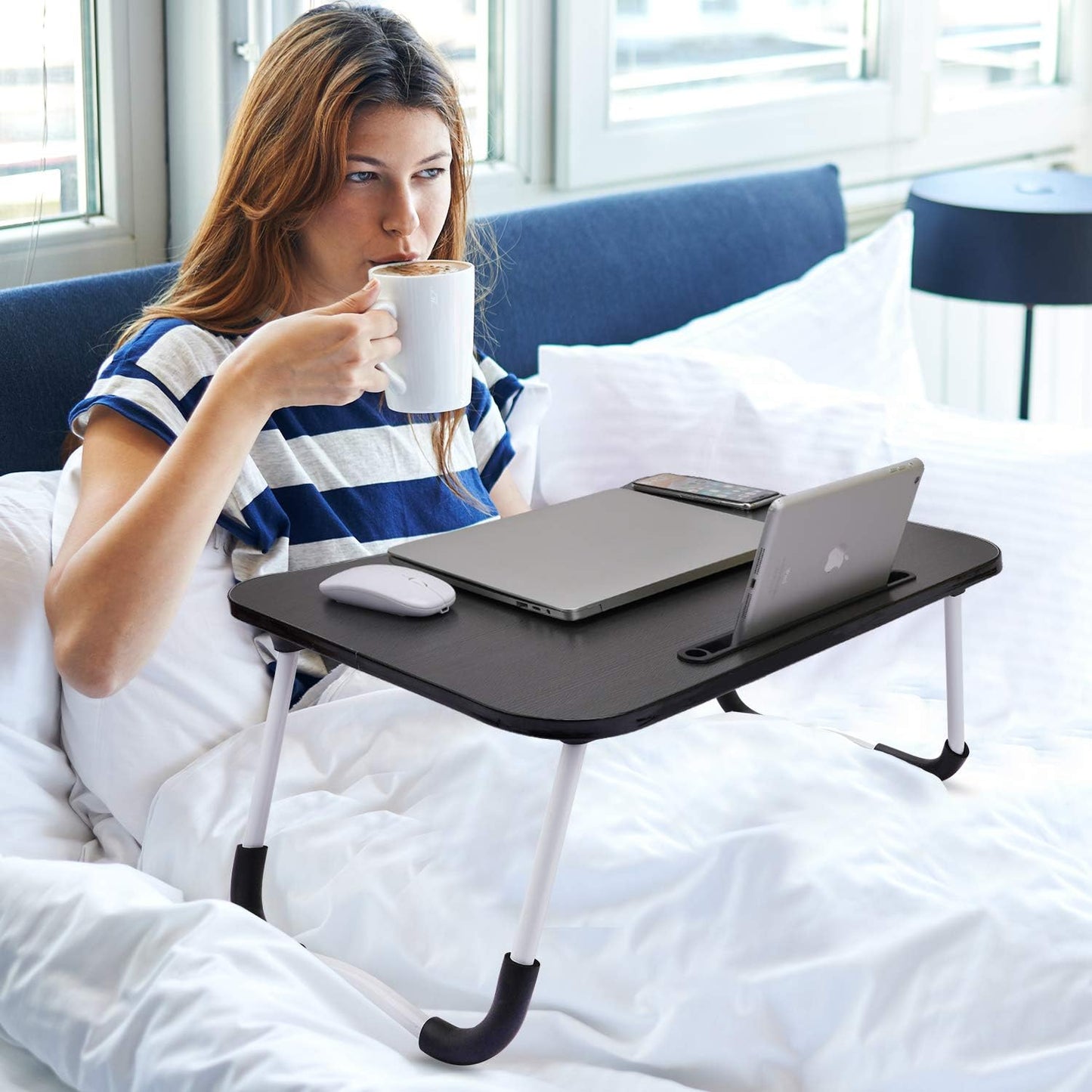 Laptop Table | Black Color | Foldable Legs, Tablet Groove & Cup Slot | Perfect for Working, Reading, Writing, and Eating