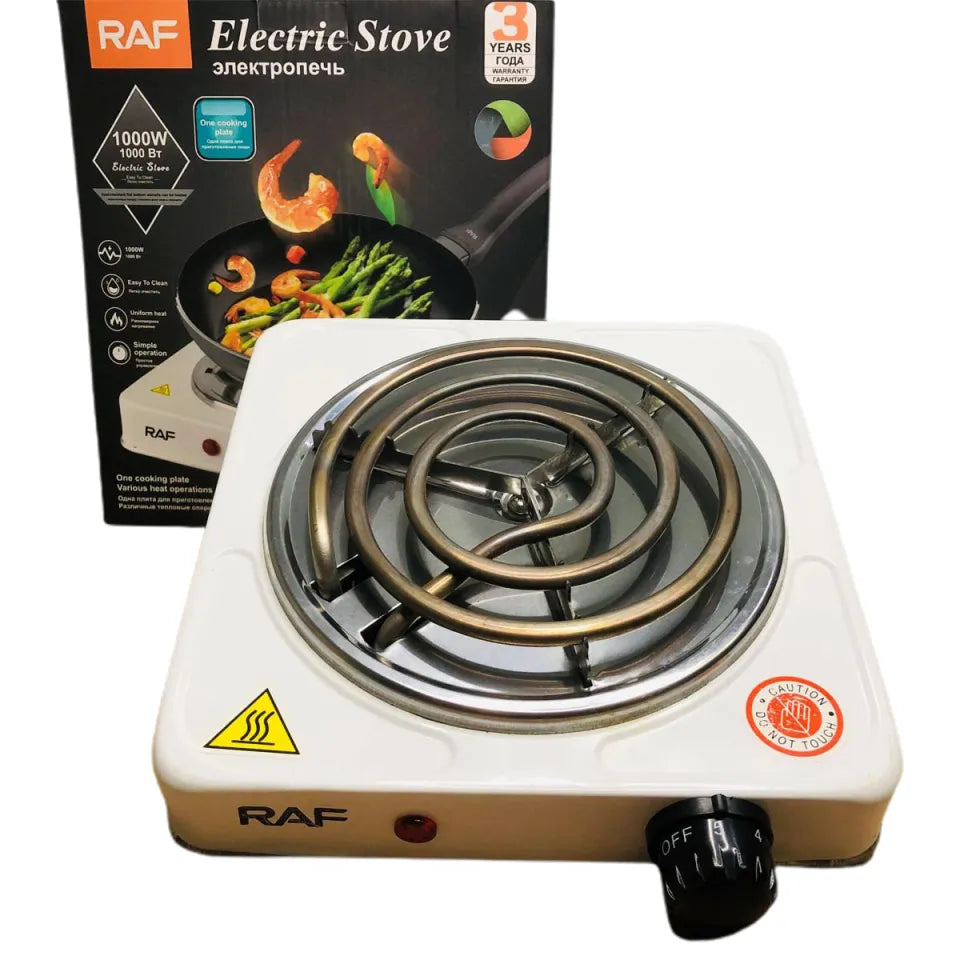 White RAF R.8010B Electric Stove Hot Plate and Cooker with 1000W Power, Thermostat, and Uniform Heating