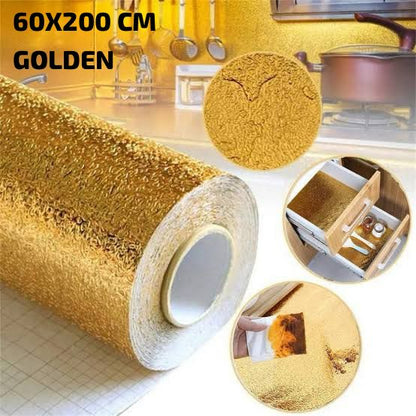 Golden Foil Kitchen Wallpaper Sticker (60*200 cm) | Peel & Stick Aluminum Foil Wallpaper | Self-Adhesive, Oil-Proof, and Waterproof for Kitchen Decor